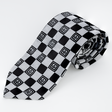 Black & White Masonic Tie – Geometric Square Pattern with Square & Compass Design