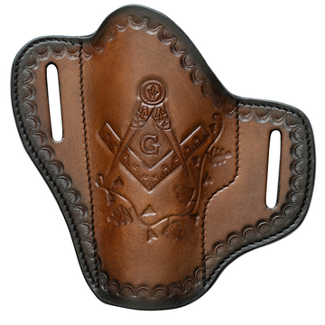 Masonic Hand-Tooled Leather Gun Holster | OWB Open Top Multi Fit Leather Belt Pistol Holster | Square and Compass with Vine Pattern