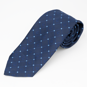 Navy Blue Masonic Tie – Diamond-Check Pattern with Sky Blue Accent – Square & Compass Design