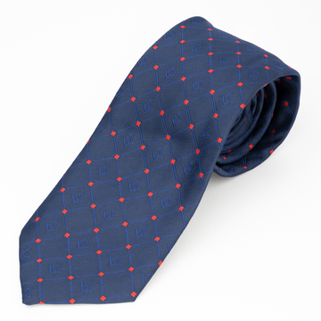 Navy Blue Masonic Tie – Diamond-Check Pattern with Red Accents – Square & Compass Design