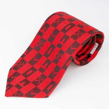 Red Masonic Tie – Architectural Block Pattern with Masonic Working Tools Design