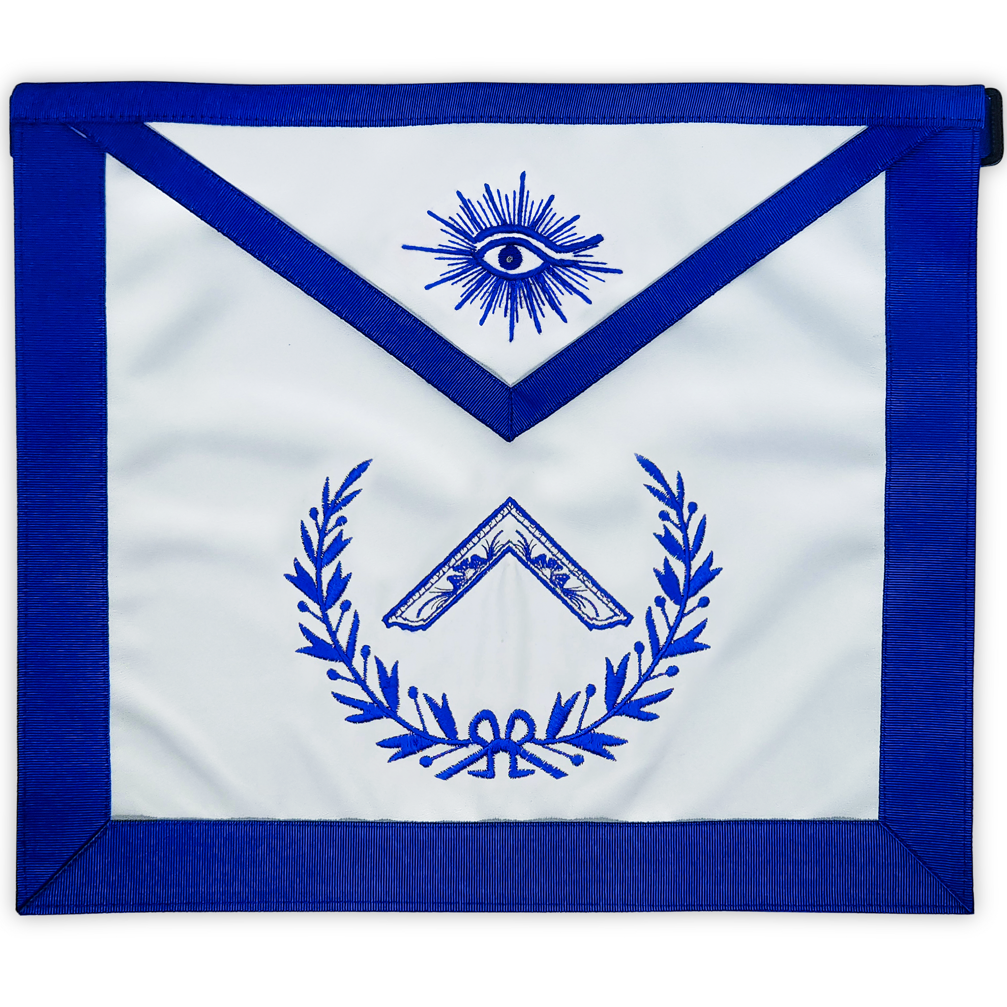 Blue Lodge Worshipful Master Mason Apron – Masonic Officer Regalia with Machine Embroidered Wreath & Square – Royal Blue Ribbon Detailing