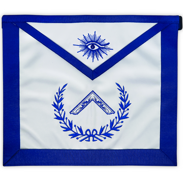 Blue Lodge Worshipful Master Mason Apron – Masonic Officer Regalia with Machine Embroidered Wreath & Square – Royal Blue Ribbon Detailing