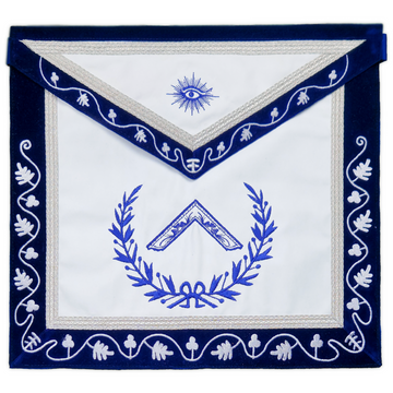 Worshipful Master Blue Lodge Officer Apron - Deep Blue Velvet, Machine Embroidered Wreath and Vines
