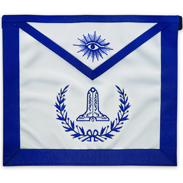 Blue Lodge Senior Warden Apron – Masonic Officer Regalia with Machine Embroidered Wreath & Level – Royal Blue Ribbon Detailing