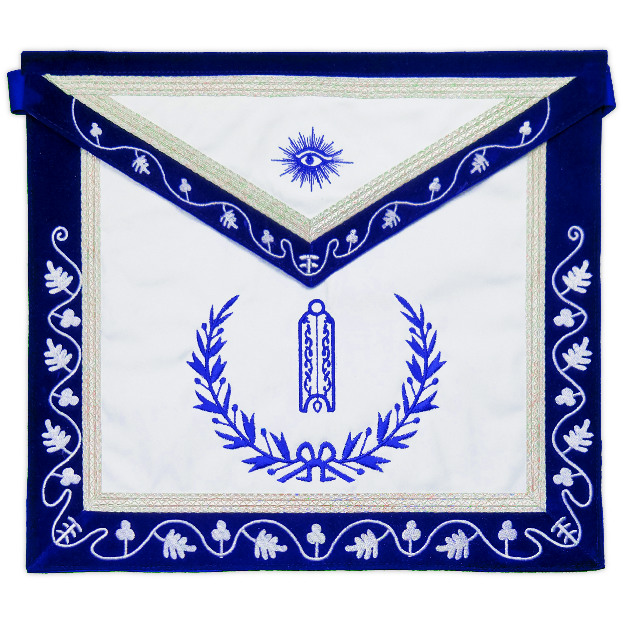 Blue Lodge Senior Warden Apron – Masonic Officer Regalia with Machine Embroidered Wreath & Square – White Embroidered Detailing on Deep Blue Velvet (Copy)