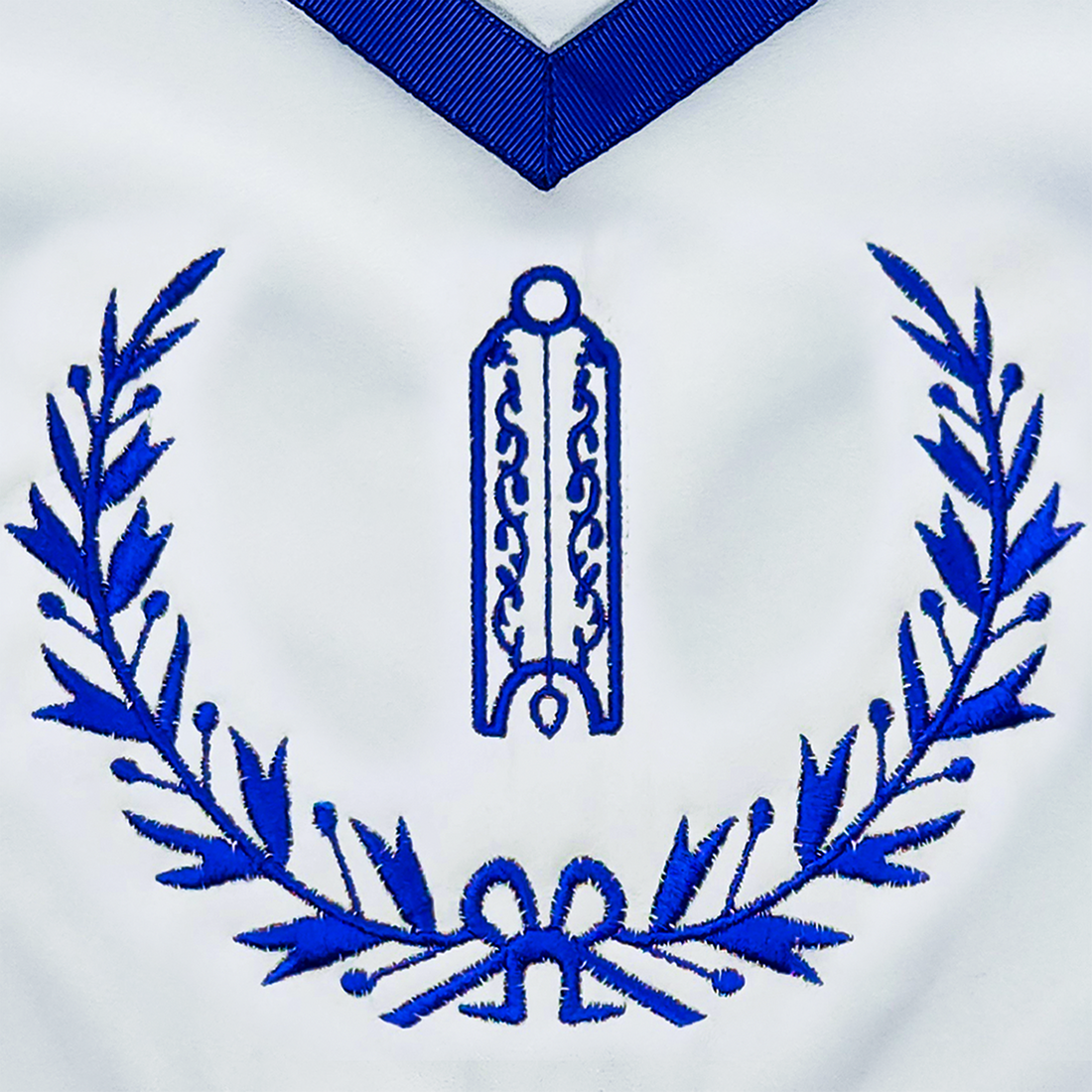 Blue Lodge Junior Warden Apron – Masonic Officer Regalia with Machine Embroidered Wreath & Plumb – Royal Blue Ribbon Detailing