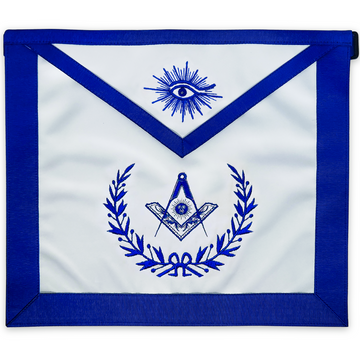 Blue Lodge Senior Deacon Apron – Masonic Officer Regalia with Machine Embroidered Wreath & Square and Compass with Sun – Royal Blue Ribbon Detailing