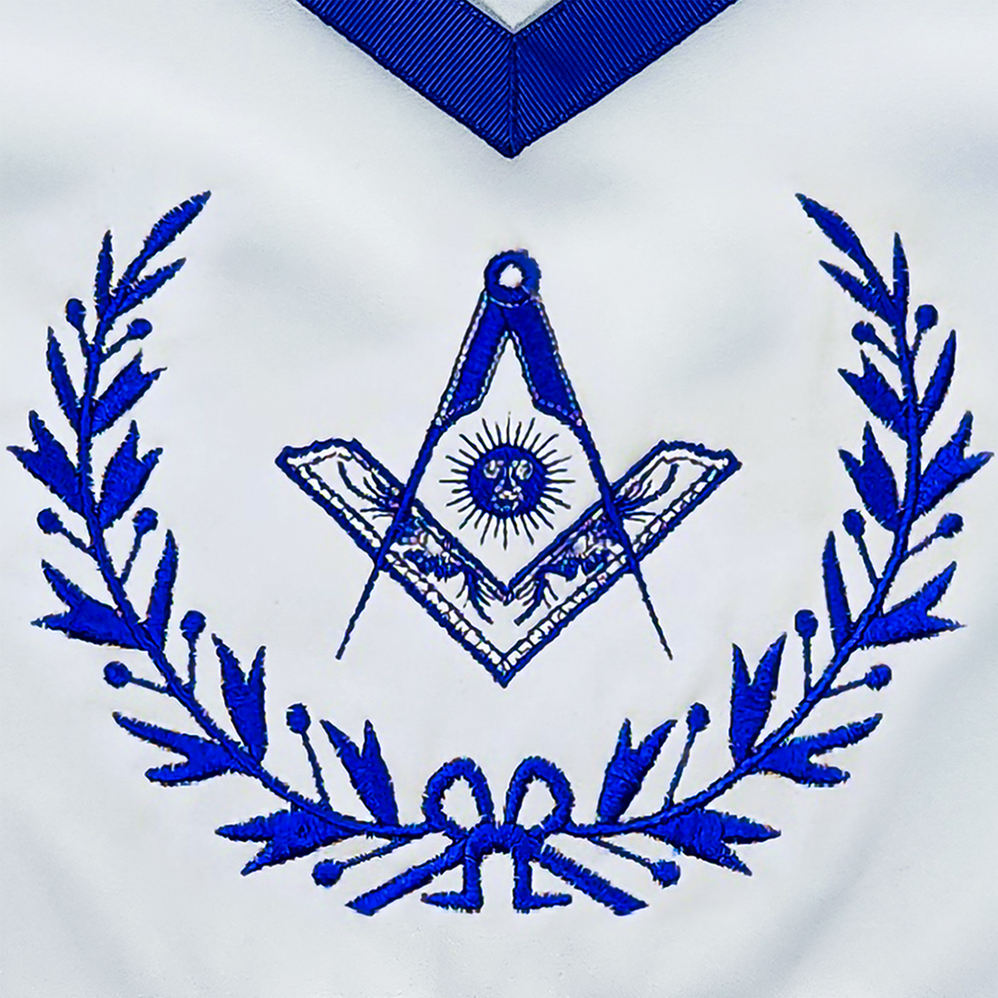Blue Lodge Senior Deacon Apron – Masonic Officer Regalia with Machine Embroidered Wreath & Square and Compass with Sun – Royal Blue Ribbon Detailing