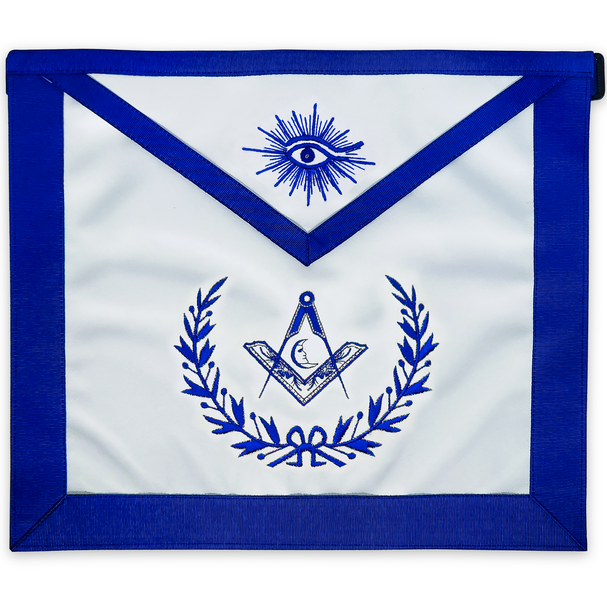 Blue Lodge Junior Deacon Apron – Masonic Officer Regalia with Machine Embroidered Wreath & Square and Compass with Moon – Royal Blue Ribbon Detailing
