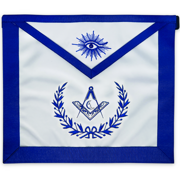Blue Lodge Junior Deacon Apron – Masonic Officer Regalia with Machine Embroidered Wreath & Square and Compass with Moon – Royal Blue Ribbon Detailing