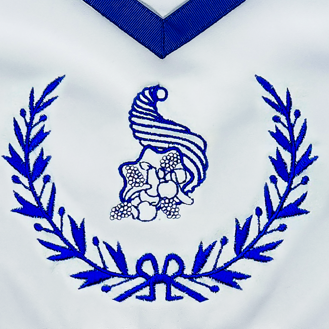 Blue Lodge Senior Steward Apron – Masonic Officer Regalia with Machine Embroidered Wreath & Cornucopia – Royal Blue Ribbon Detailing