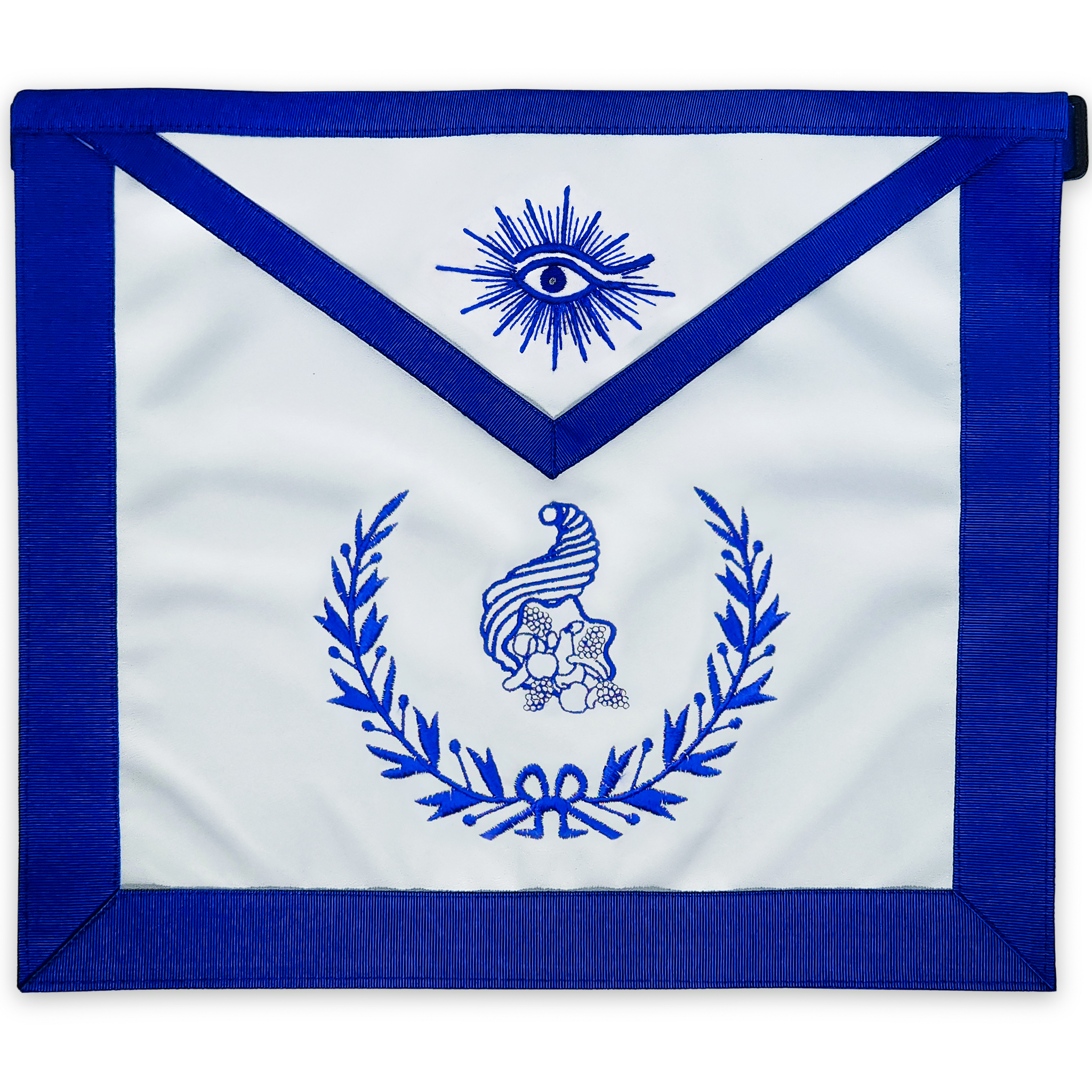 Blue Lodge Junior Steward Apron – Masonic Officer Regalia with Machine Embroidered Wreath & Cornucopia – Royal Blue Ribbon Detailing