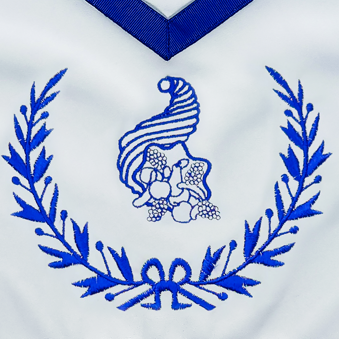 Blue Lodge Junior Steward Apron – Masonic Officer Regalia with Machine Embroidered Wreath & Cornucopia – Royal Blue Ribbon Detailing