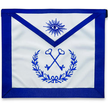 Blue Lodge Treasurer Apron – Masonic Officer Regalia with Machine Embroidered Wreath & Crossed Keys – Royal Blue Ribbon Detailing