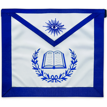 Blue Lodge Chaplain Apron – Masonic Officer Regalia with Machine Embroidered Wreath & Opened Holy Book – Royal Blue Ribbon Detailing