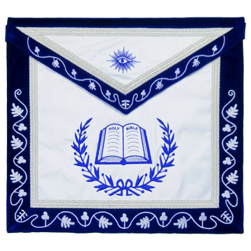 Blue Lodge Chaplain Apron – Masonic Officer Regalia with Machine Embroidered Wreath & Square – White Embroidered Detailing on Deep Blue Velvet