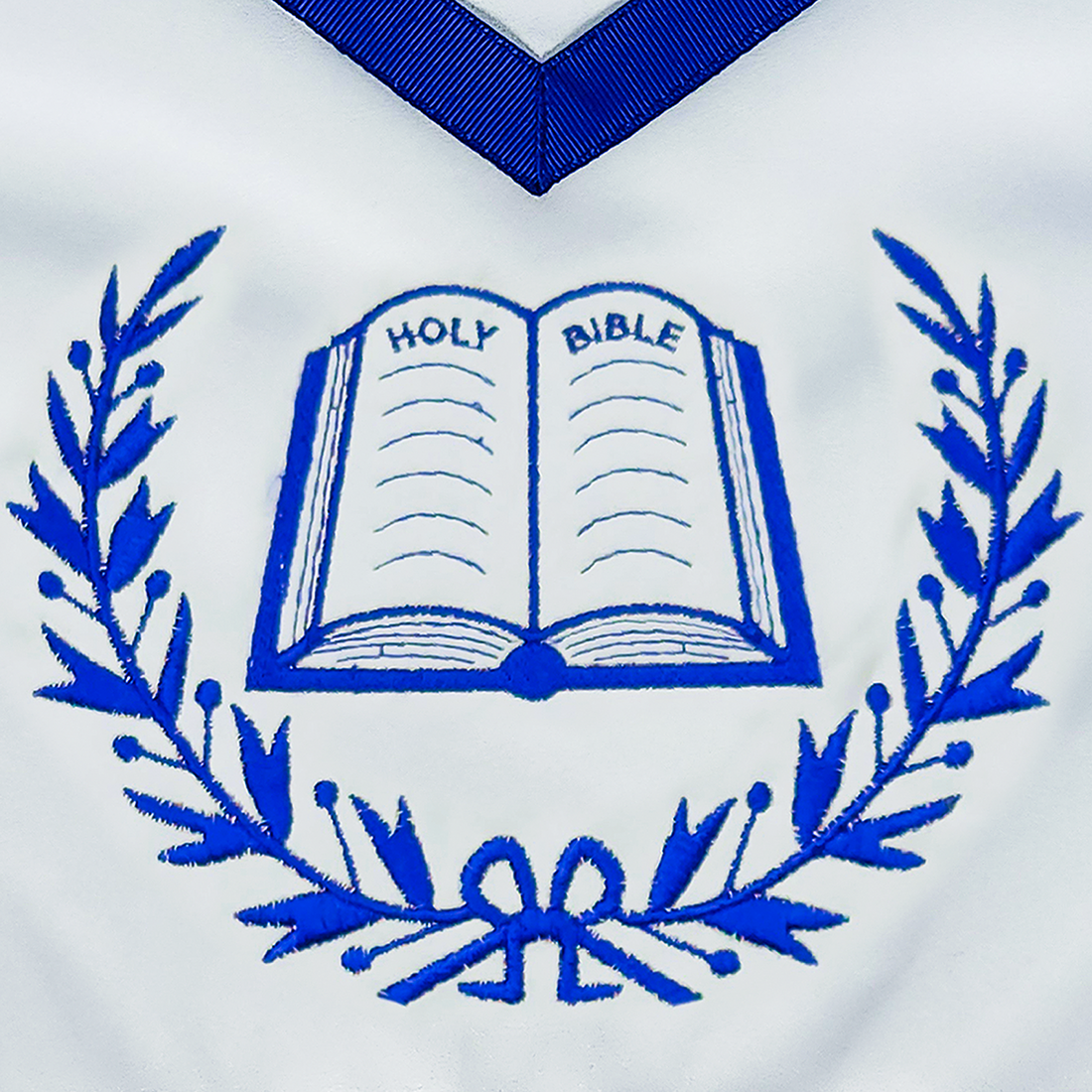 Blue Lodge Chaplain Apron – Masonic Officer Regalia with Machine Embroidered Wreath & Opened Holy Book – Royal Blue Ribbon Detailing