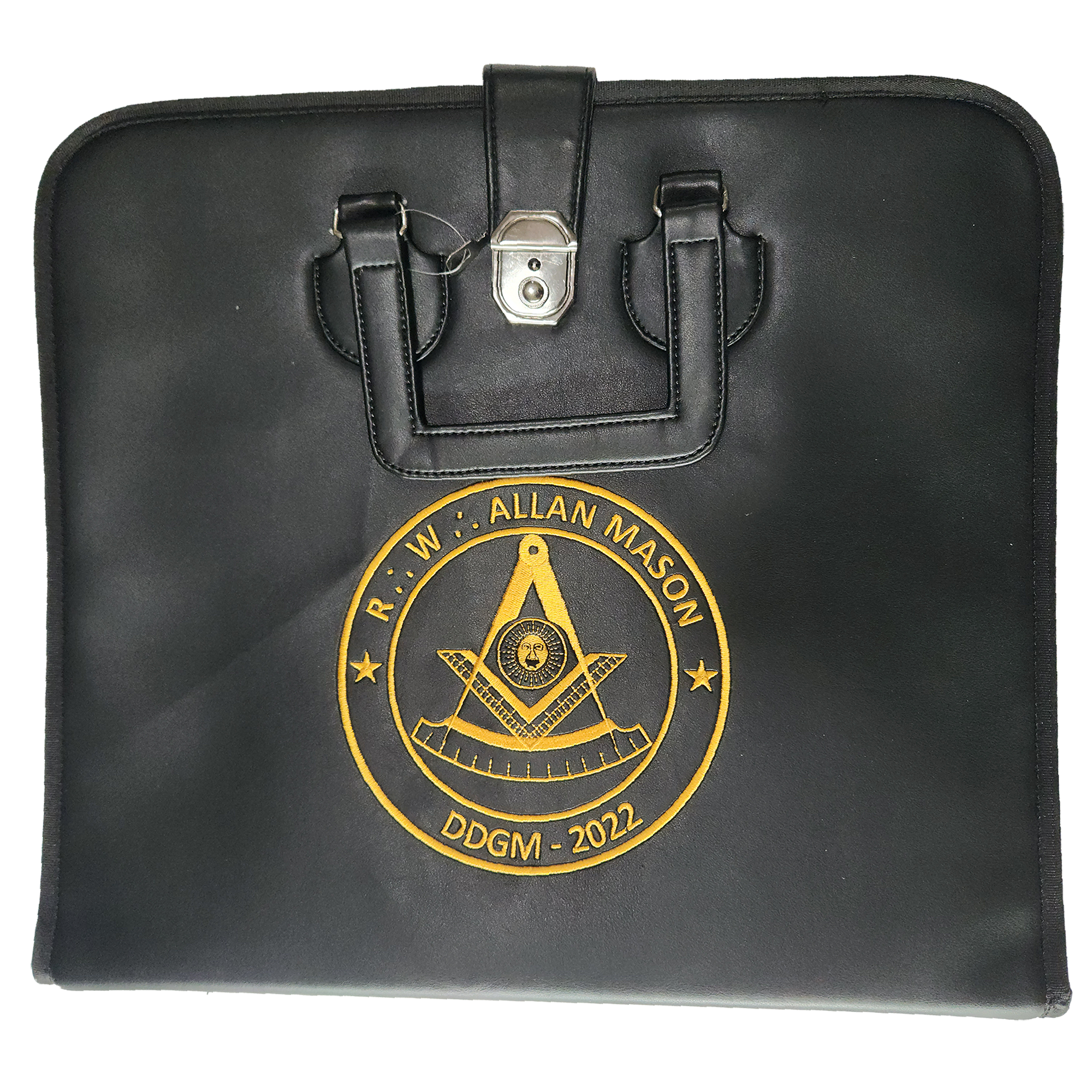 Past Master Apron Case - Machine Embroidery on Black Faux Leather