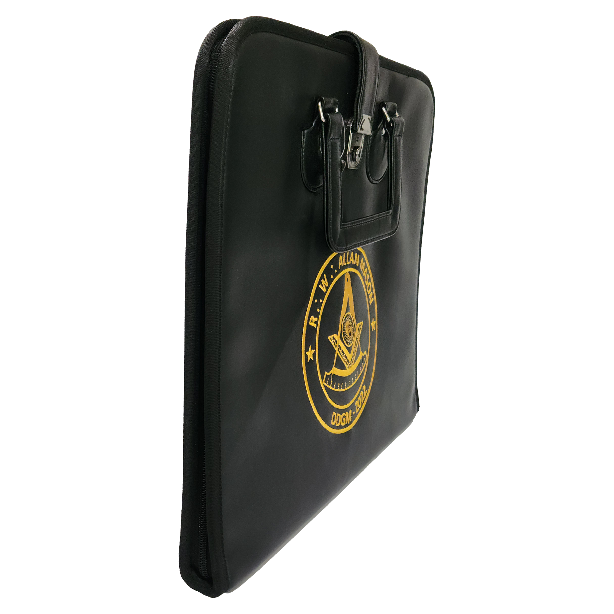 Past Master Apron Case - Machine Embroidery on Black Faux Leather