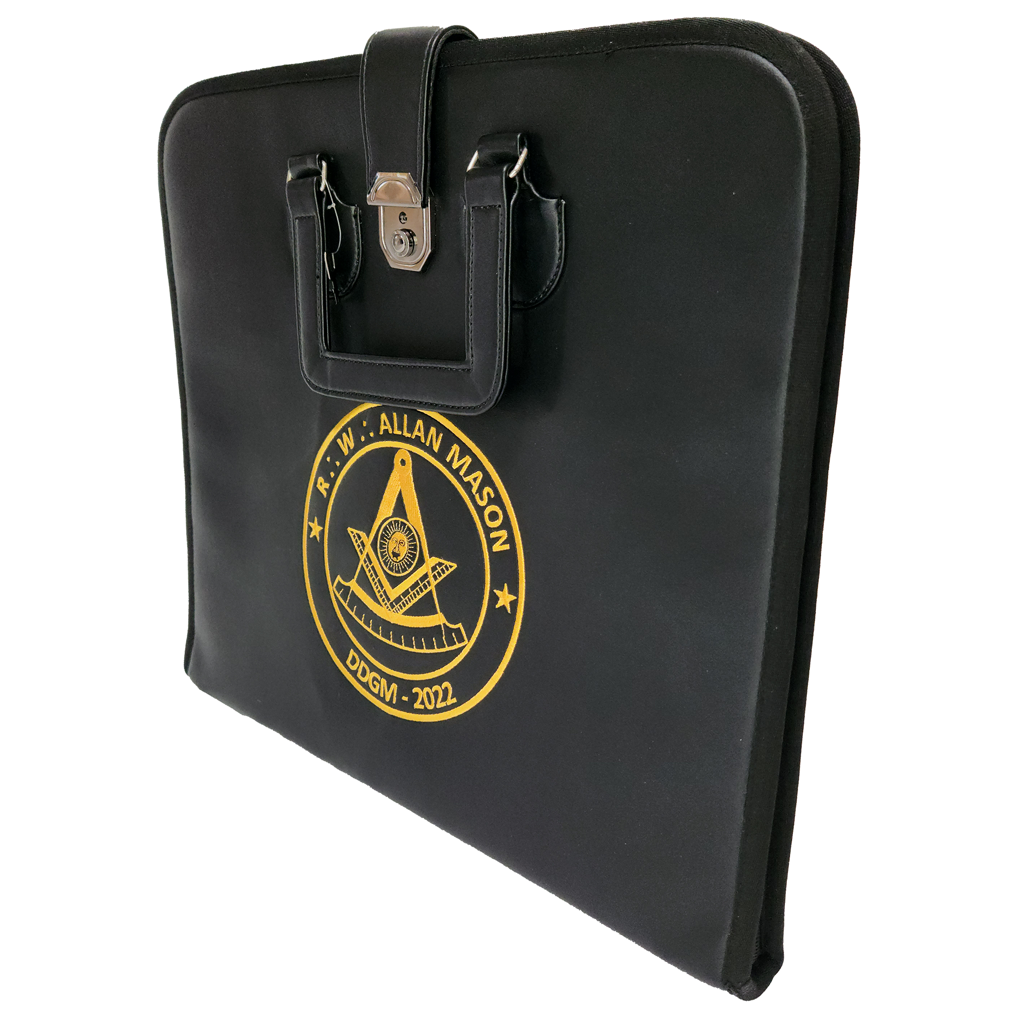 Past Master Apron Case - Machine Embroidery on Black Faux Leather