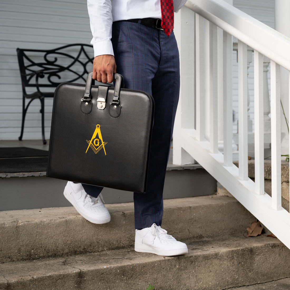 Master Mason Apron Case – Black Faux Leather with Oxford Cloth Lining – Timeless Protection with Masonic Symbolism & Functional Design