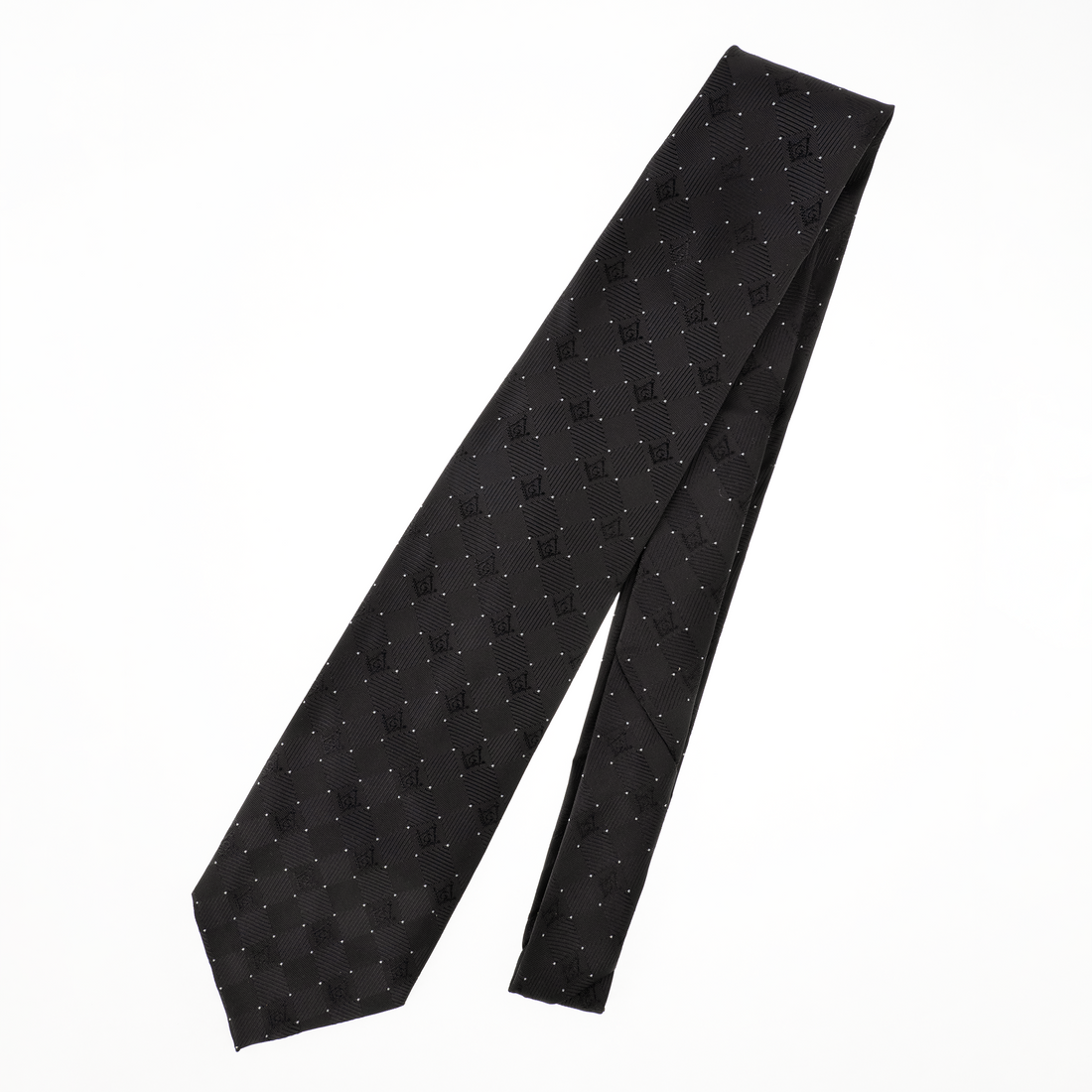 Black Masonic Tie – Elegant Diamond Check Pattern with White Accent – Square & Compass Design