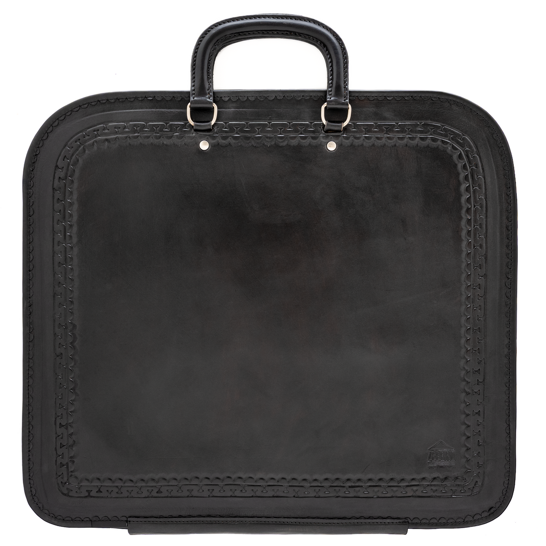 Hand-tooled black leather Masonic apron case with Past Master emblem, Twin Pillars, Mosaic Pavement and All-Seeing Eye