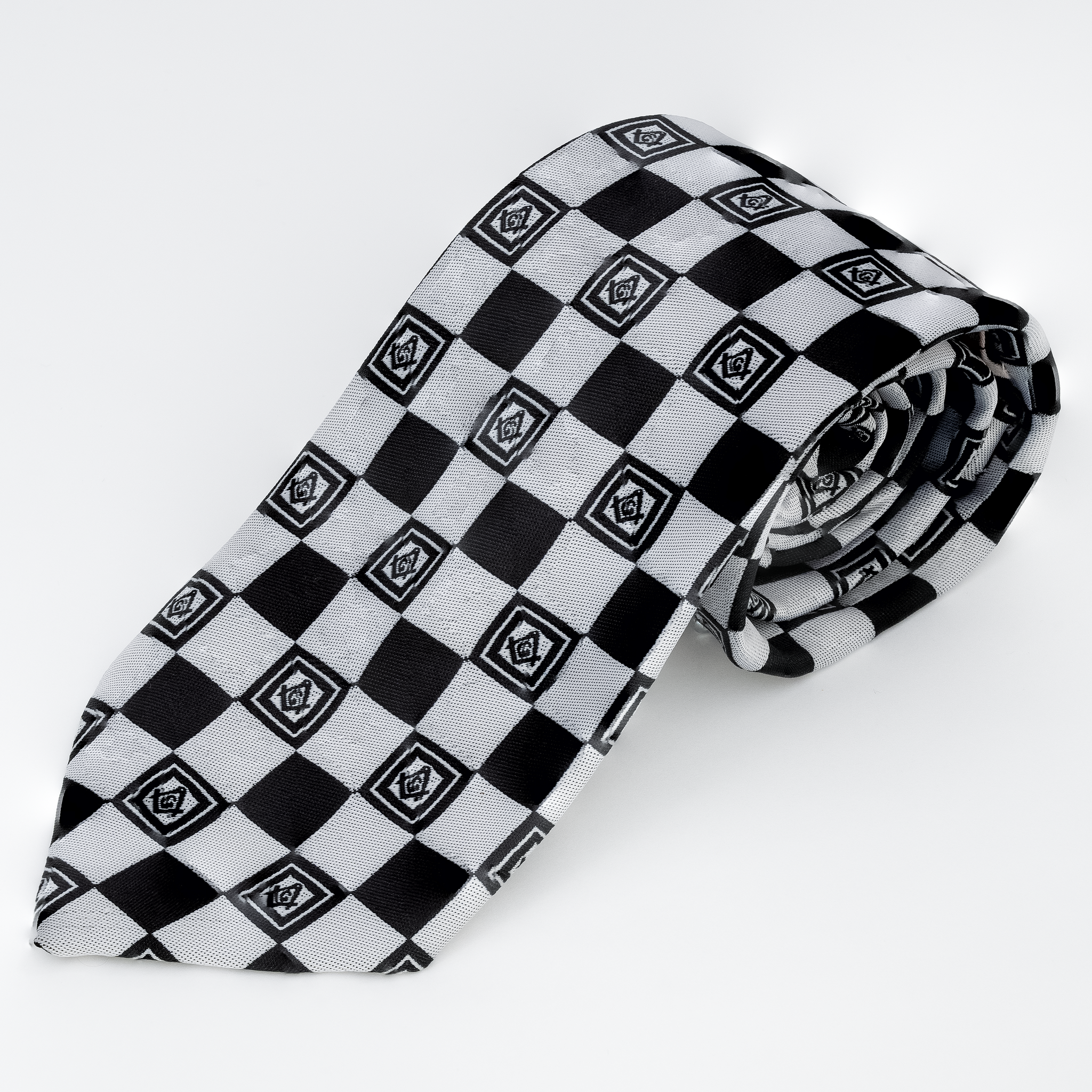 Black & White Masonic Tie – Geometric Square Pattern with Square & Compass Design