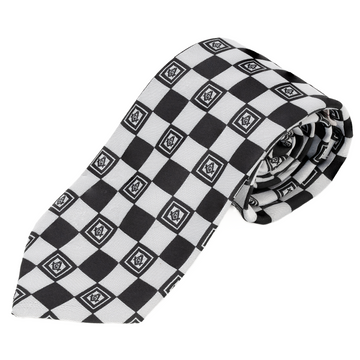 Black & White Masonic Tie – Geometric Square Pattern with Square & Compass Design
