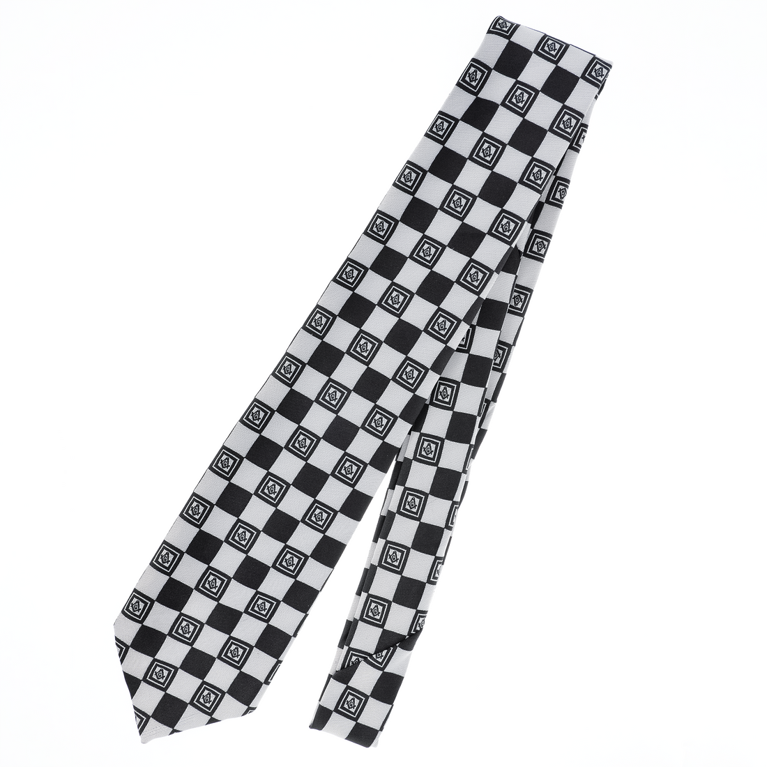 Black & White Masonic Tie – Geometric Square Pattern with Square & Compass Design