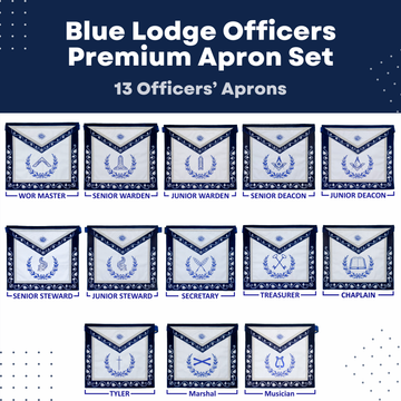Blue Lodge Officers Premium Apron Set of 13 | Blue Velvet & Machine Embroidered Wreath