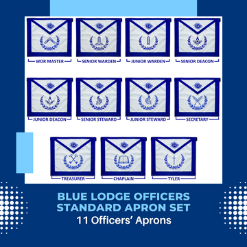Blue Lodge Officers Masonic Apron Set of 11 – Machine Embroidered Wreath & Royal Blue Ribbon Detailing – Premium Faux Leather with Soft Fabric Backing