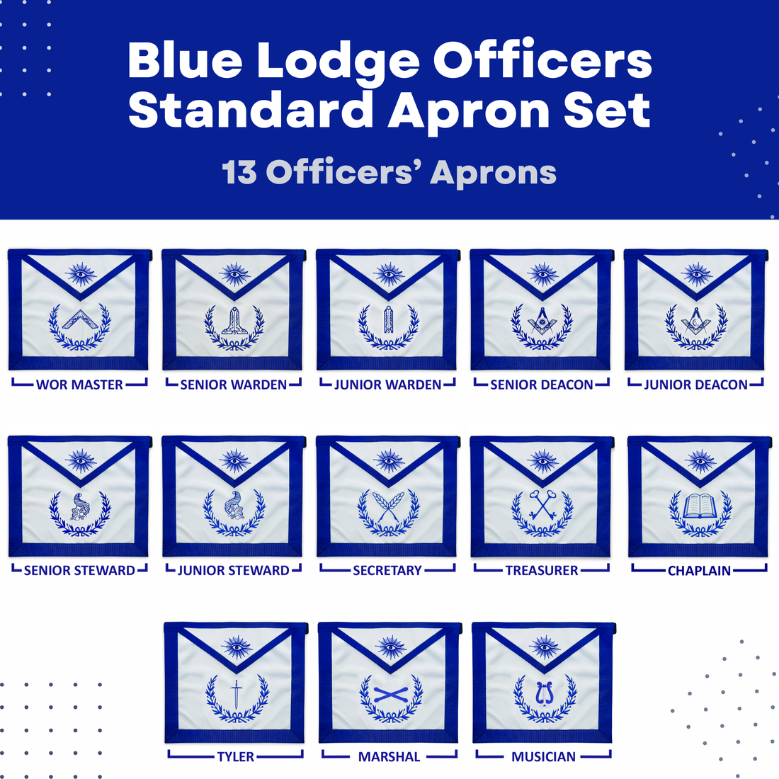 Blue Lodge Masonic Officers Standard Bundle — Royal Blue Aprons, Chain Collars & Silver Jewels (Set of 13)