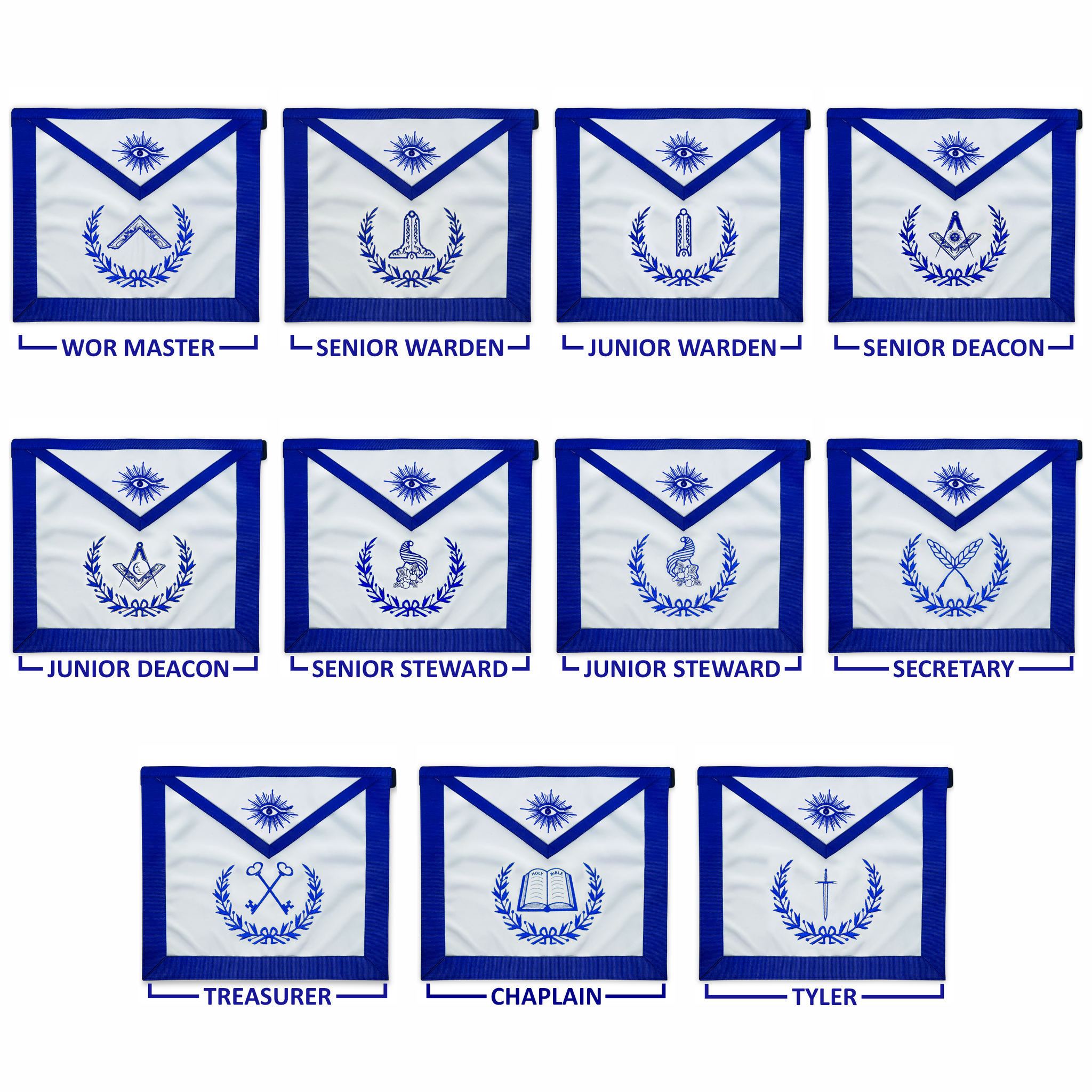Blue Lodge Officers Masonic Apron Set of 11 – Machine Embroidered Wreath & Royal Blue Ribbon Detailing – Premium Faux Leather with Soft Fabric Backing