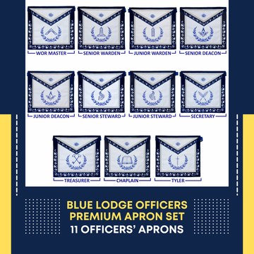 Blue Lodge Officers Apron Set of 11 – Masonic Regalia with Blue Velvet & Machine Embroidered Wreath