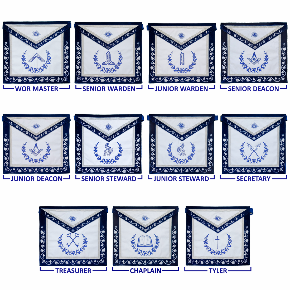 Blue Lodge Masonic Officers Premium Bundle | Deep Blue Velvet Aprons, Chain Collars & Silver Jewels (Set of 11)