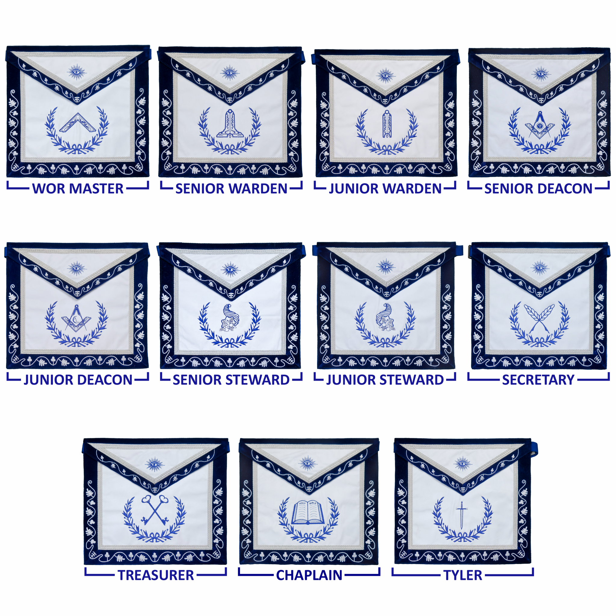 Blue Lodge Officers Apron Set – Masonic Regalia with Blue Velvet & Machine Embroidered Wreath