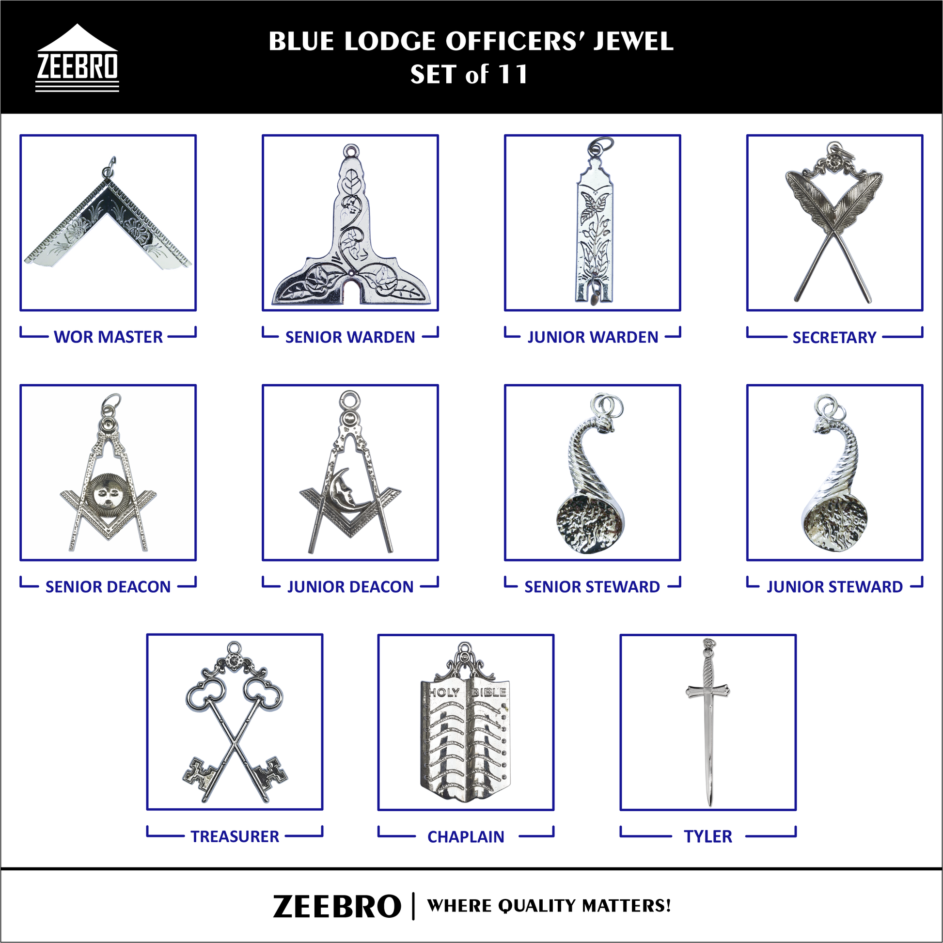 Complete Blue Lodge Officer Jewel Set of 11 with silver-plated jewels for Worshipful Master, Wardens, Deacons, Stewards, Chaplain & Tyler.