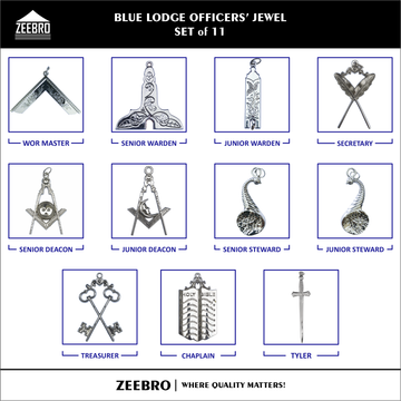 Complete Blue Lodge Officer Jewel Set of 11 with silver-plated jewels for Worshipful Master, Wardens, Deacons, Stewards, Chaplain & Tyler.