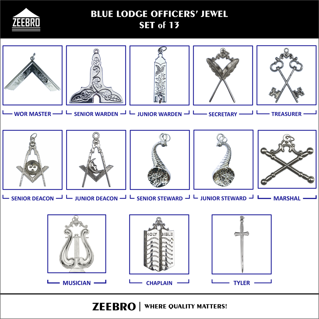 Complete 13-piece Blue Lodge Officer Jewel Set with silver-plated jewels for Master, Wardens, Deacons, Stewards, Chaplain, Marshal, Tyler & Musician
