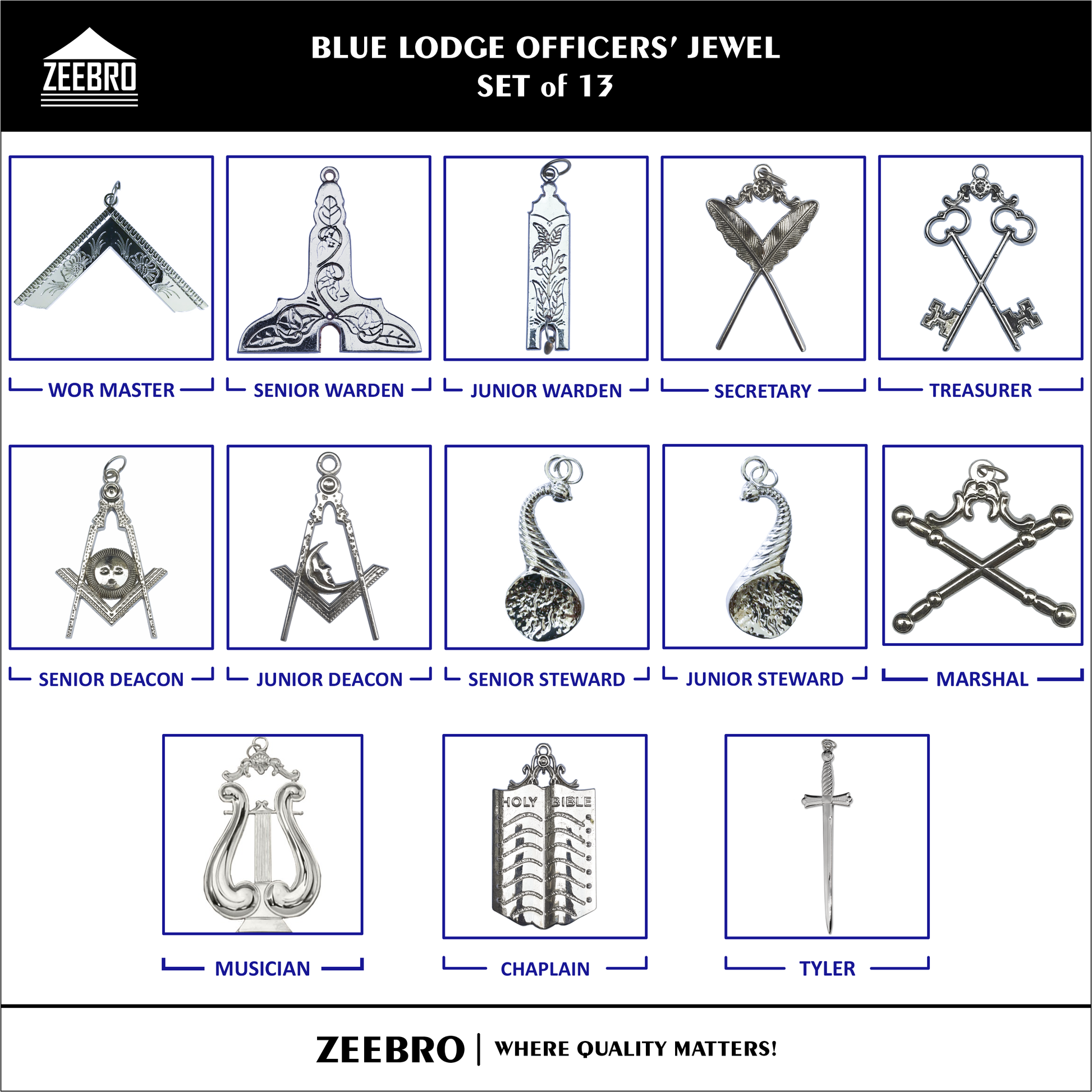 Complete 13-piece Blue Lodge Officer Jewel Set with silver-plated jewels for Master, Wardens, Deacons, Stewards, Chaplain, Marshal, Tyler & Musician
