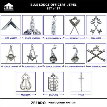 Complete 13-piece Blue Lodge Officer Jewel Set with silver-plated jewels for Master, Wardens, Deacons, Stewards, Chaplain, Marshal, Tyler & Musician
