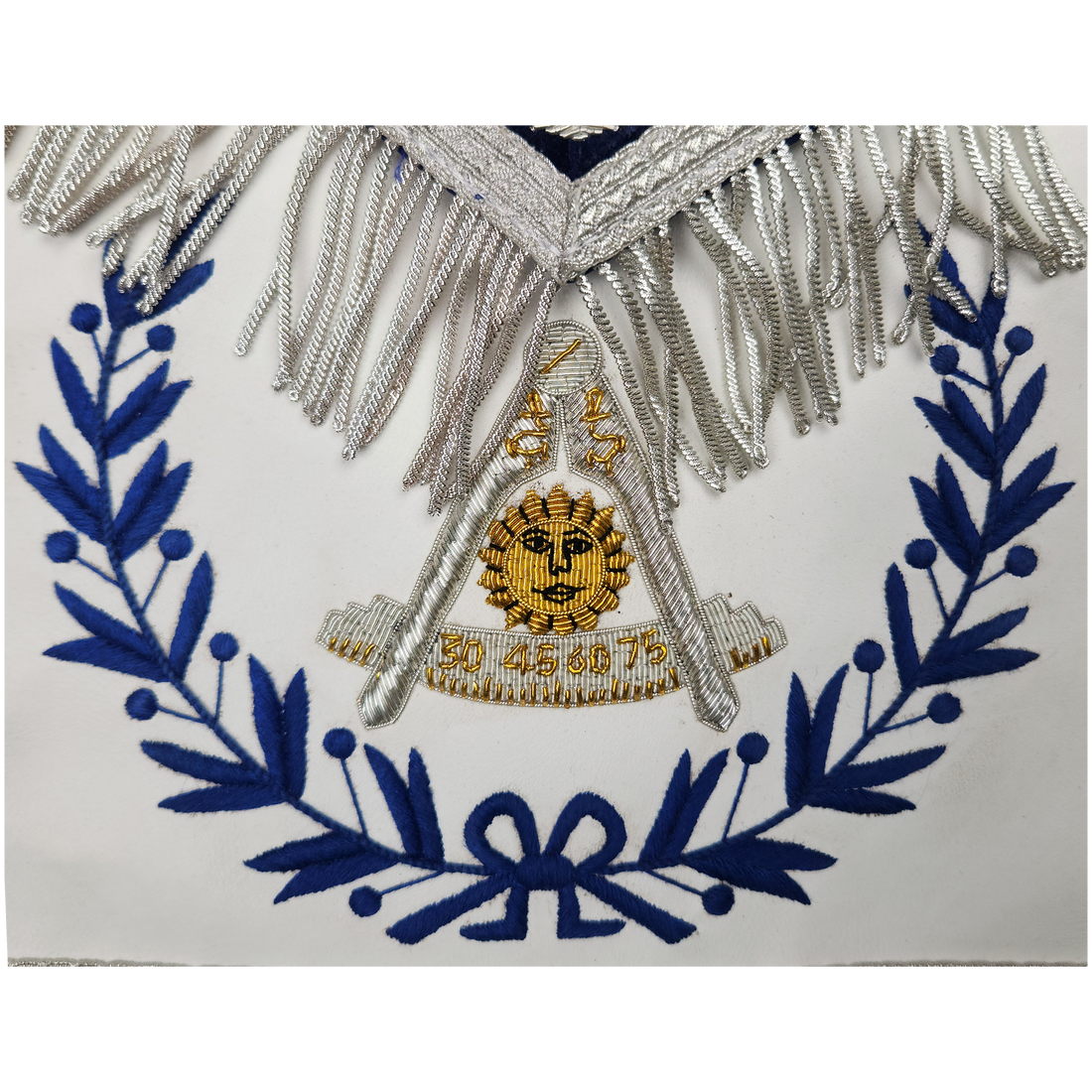 Blue Lodge Past Master Apron – Hand-Embroidered Silver Bullion Square & Compass – Deep Blue Velvet with Gold & Silver Detailing