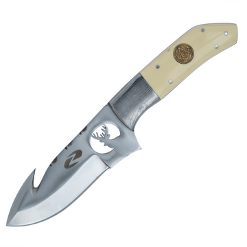 Cervid Gut Hook Knife | Laser Cut Stag Carving on the Blade, Ivory Handle, Full Tang