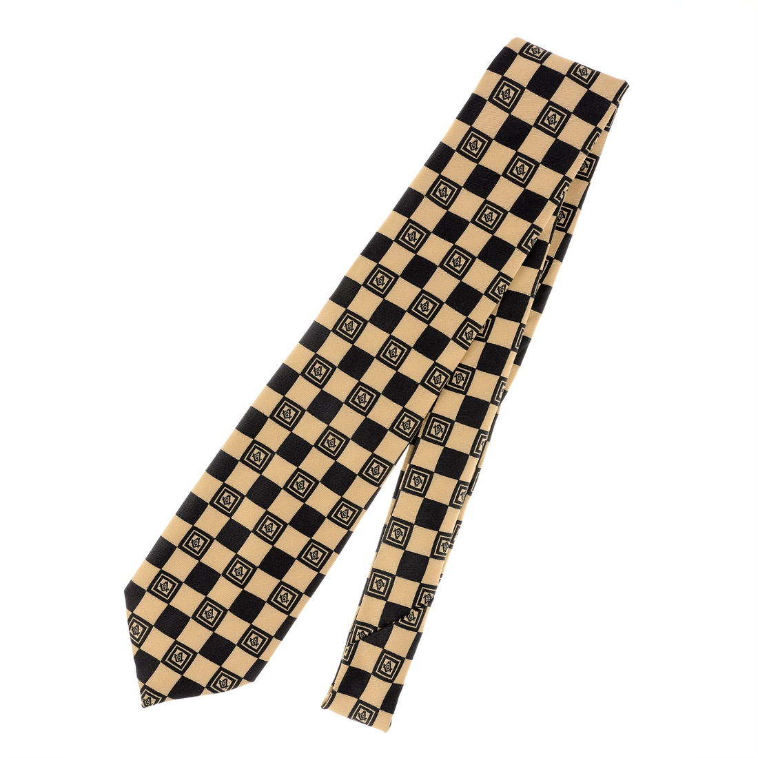 Black & Gold Masonic Tie – Geometric Square Pattern with Square & Compass Design