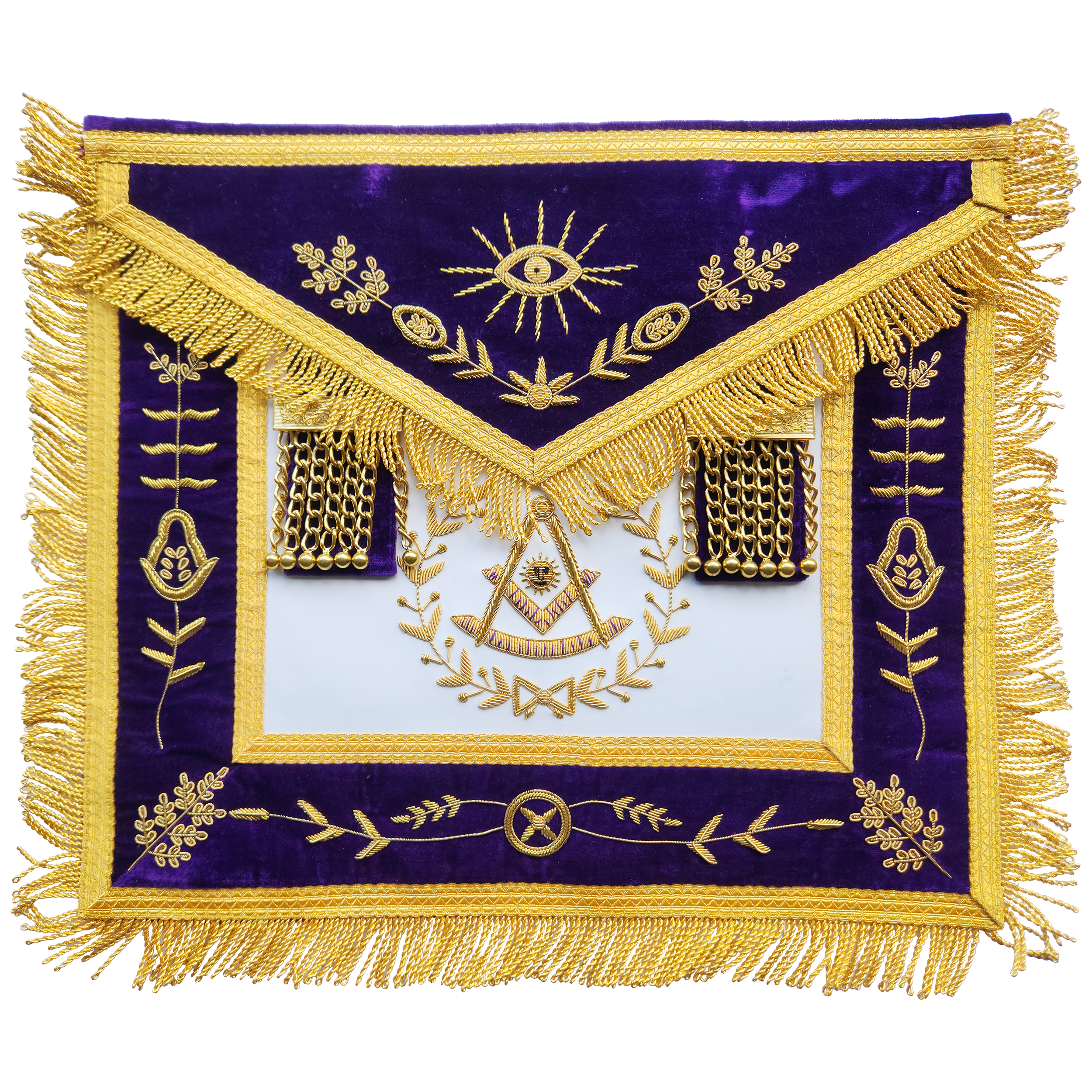 Past Master Blue Lodge Apron - Gold Bullion Hand-Embroidery on Royal Purple Velvet