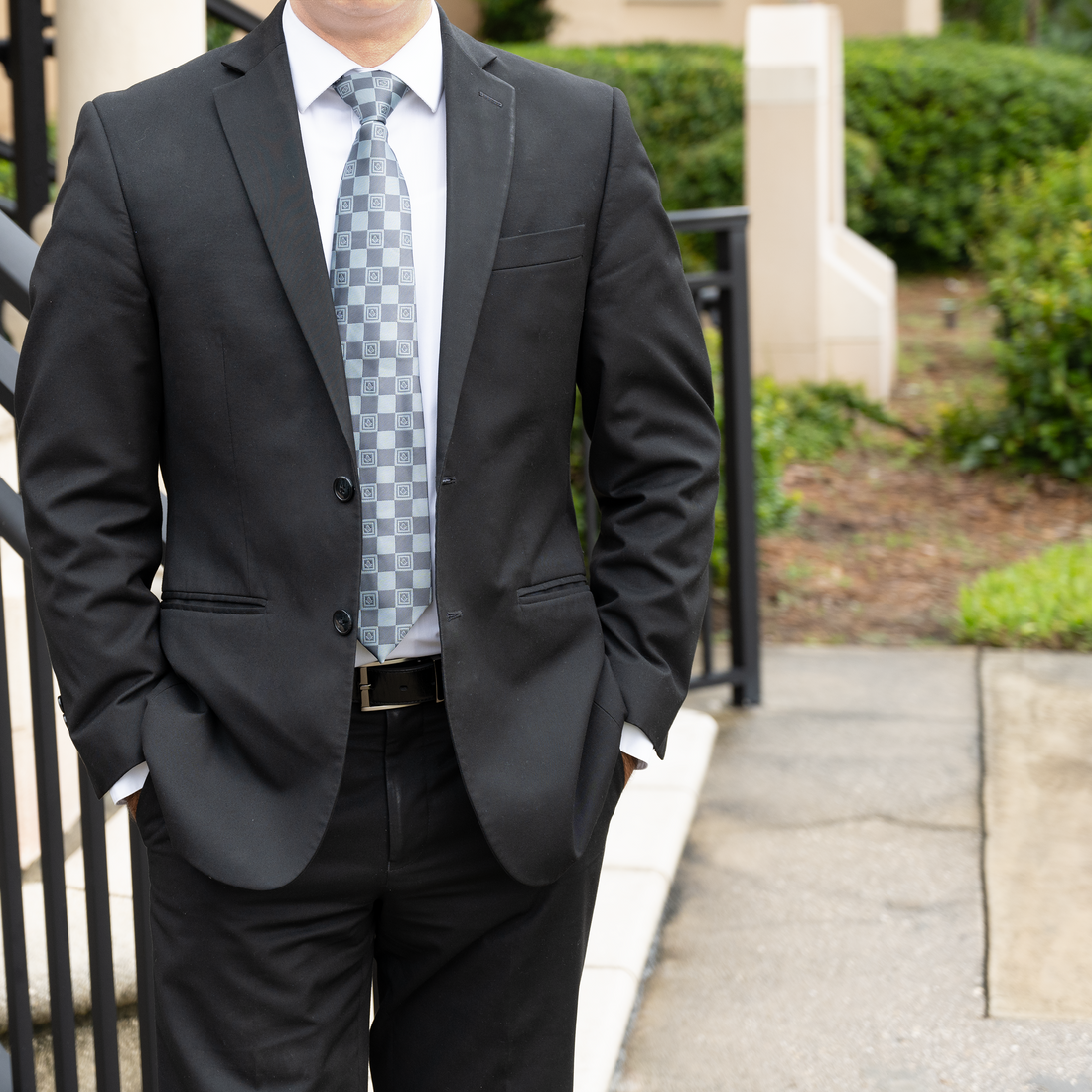 Grey Masonic Tie – Architectural Block Pattern with Masonic Working Tools