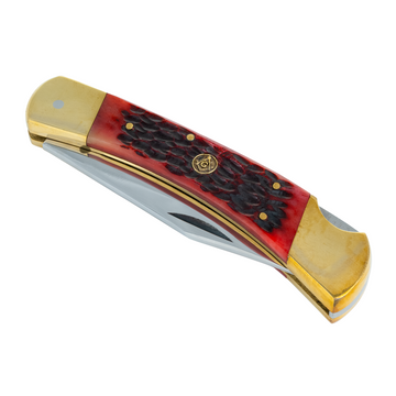 Grizzly Grip RBJ 4.74”, Handmade and Hand-Polished Sabre Clip Blade Knife with Red Jigged Bone Handle