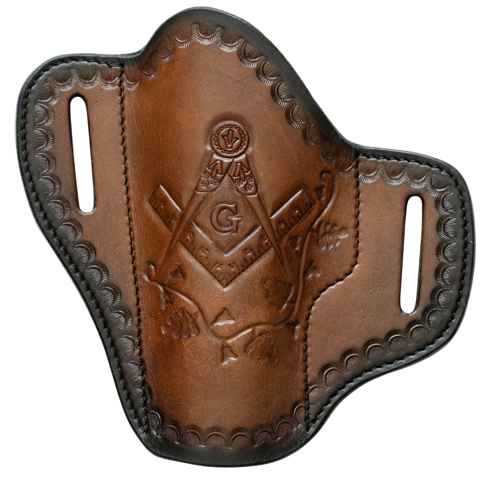 Masonic Hand-Tooled Leather Gun Holster | OWB Open Top Multi Fit Leather Belt Pistol Holster | Square and Compass with Vine Pattern